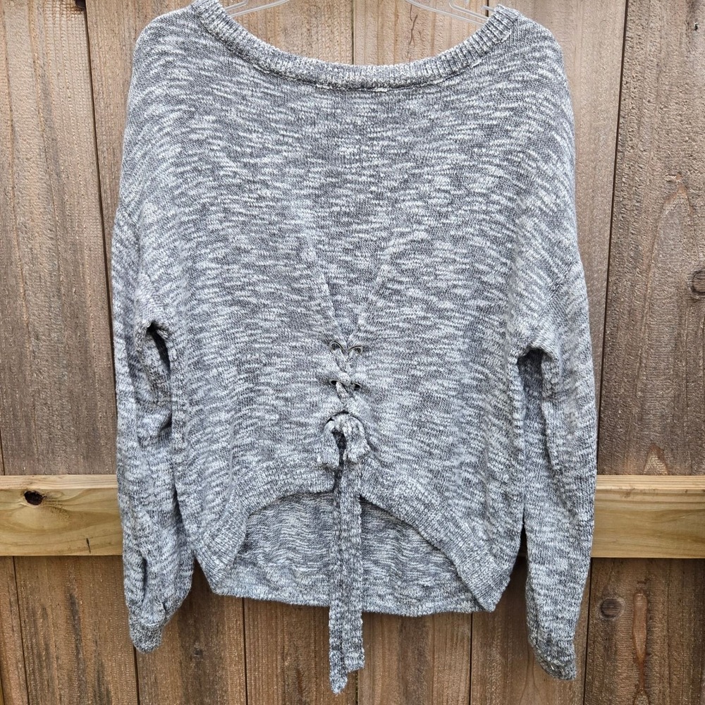 Dex Grey Marled Knit Lace Up Pullover Sweater Small Space Dye Scoop Neck Chunky